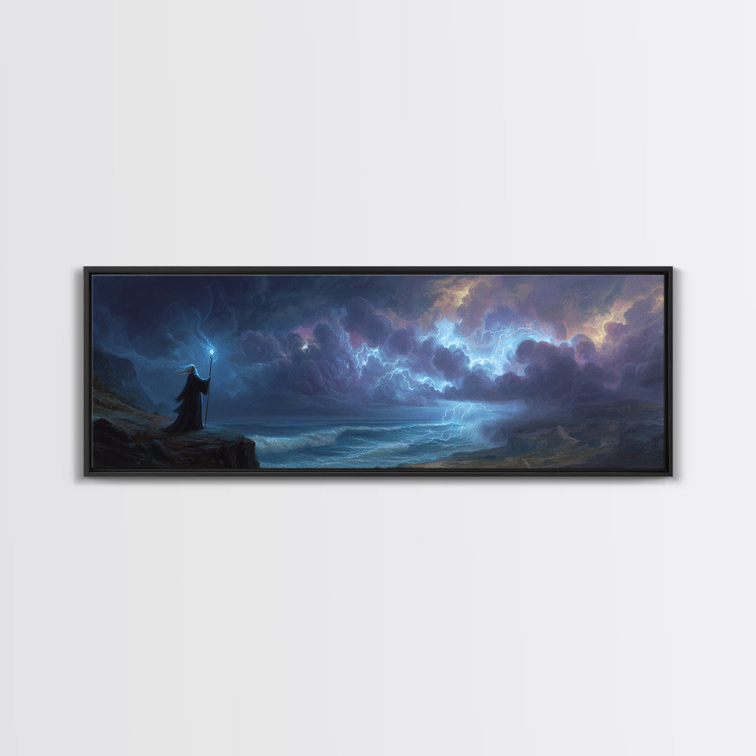 Epic Fantasy Wizard Holding Staff In Stormy Coastal Landscape - Magical Fantasy Wall Art Canvas Print For Mystical Room Decor