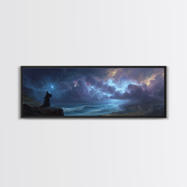 Epic Fantasy Wizard Holding Staff In Stormy Coastal Landscape - Magical Fantasy Wall Art Canvas Print For Mystical Room Decor