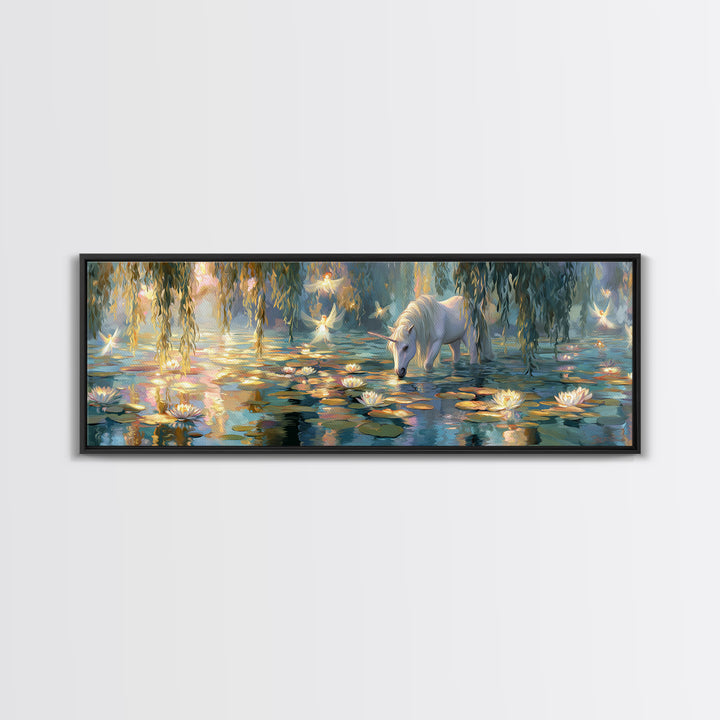 Fairy Tale Unicorn In Ethereal Lily Pond With Glowing Fairies - Whimsical Wall Art Framed Canvas Print For Nursery And Bedroom Decor