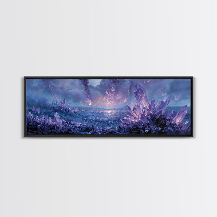 Mystical Purple Crystal Landscape With Falling Crystals Wall Art Framed Canvas Print For Unique Home Decor