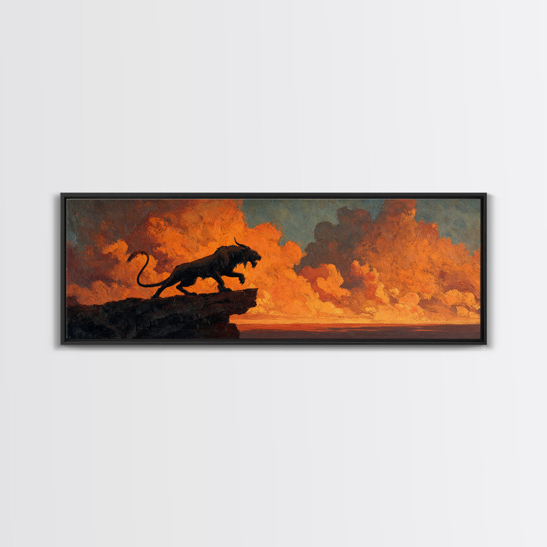 Dramatic Black Panther Silhouette Against Fiery Sunset Sky Landscape Canvas Print For Unique Wall Art Decor