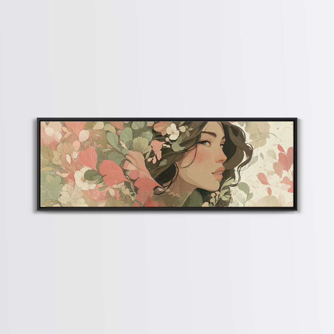 Floral Woman Portrait With Green Leaves Wall Art, Modern Feminine Botanical Decor, Boho Bedroom Decor, Framed Canvas Print