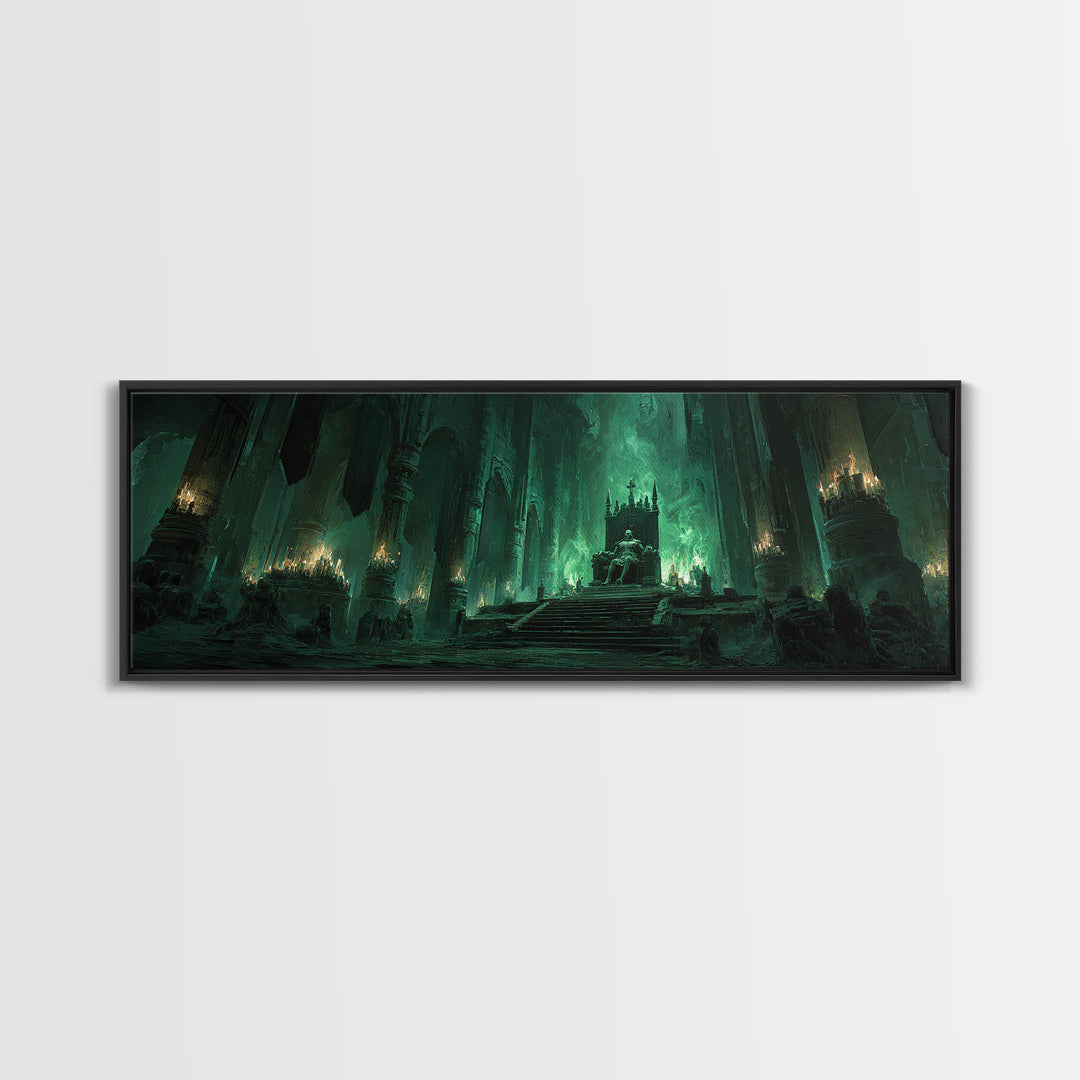Green Fantasy Gothic Cathedral Throne Room Dark Artwork Wall Art Canvas Print Moody Gothic Home Decor