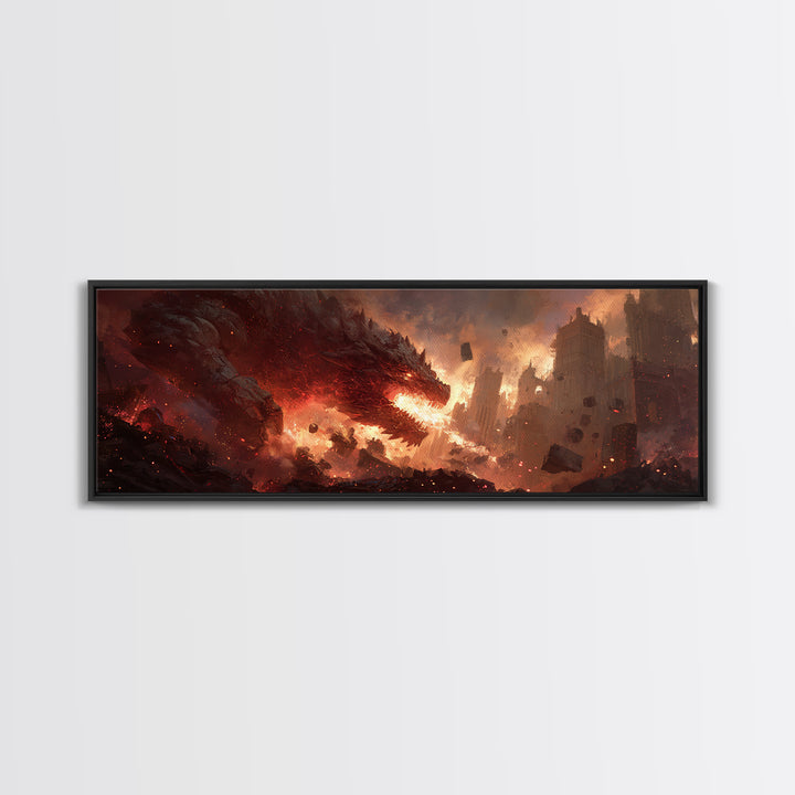 Epic Fiery Dragon Breathing Flames Amidst A Burning City Fantasy Wall Art Canvas Print For Modern Home Decor And Gaming Rooms