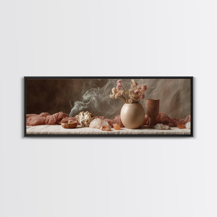 Smoky Crystals And Dried Flowers Framed Canvas Print, Zen Spa Wall Art, Neutral Boho Decor, Meditation Room Gift For Her