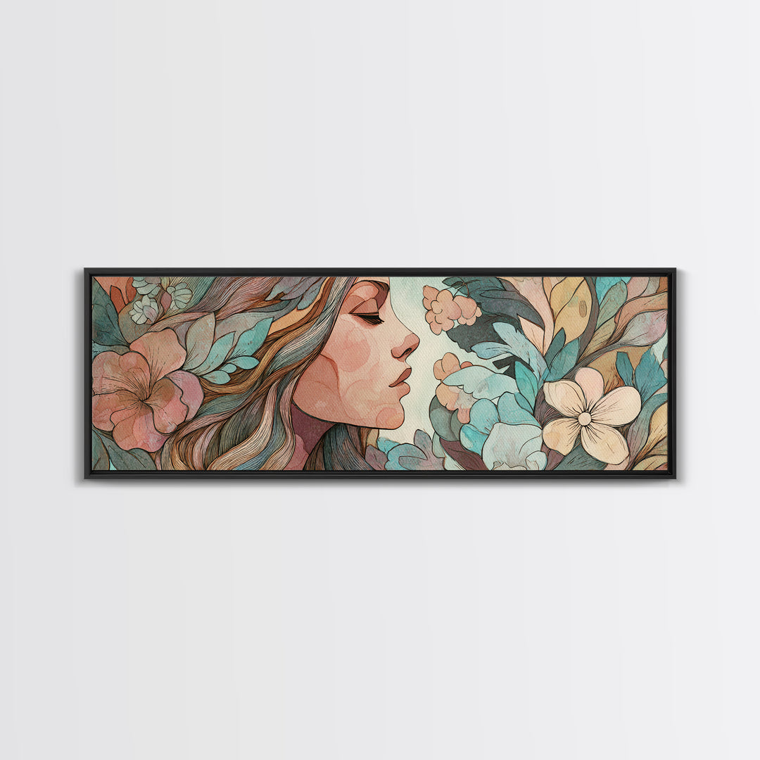 Art Nouveau Woman With Teal Florals Wall Art, Feminine Botanical Canvas Print, Boho Bedroom Decor, Living Room Decor, Gift For Her