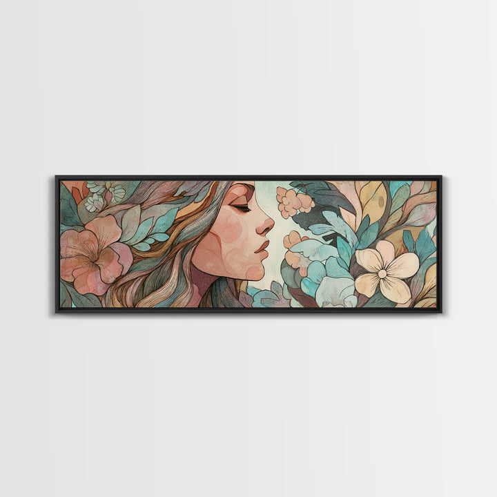 Art Nouveau Woman With Teal Florals Wall Art, Feminine Botanical Canvas Print, Boho Bedroom Decor, Living Room Decor, Gift For Her