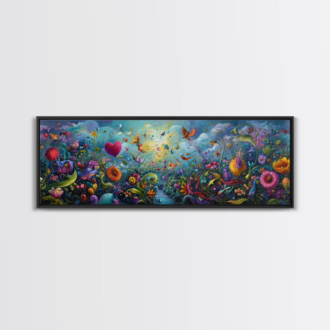 Ethereal Mystical Landscape With Cloud Giant Looming Over Young Boy Wall Art Framed Canvas Print For Inspirational Decor
