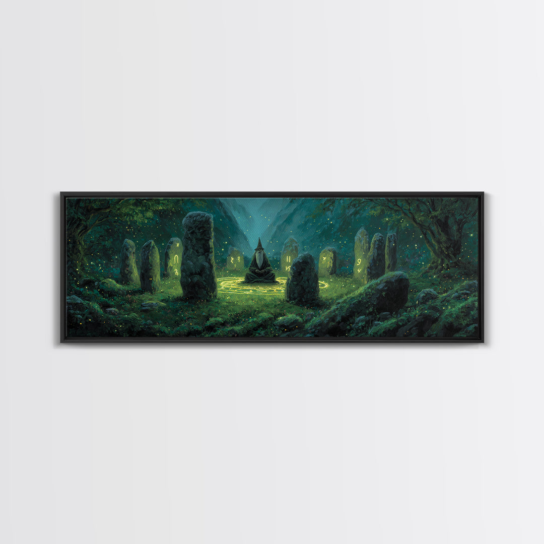 Fantasy Magician Meditating Among Ancient Stones Spellcasting Abstract Wall Art Canvas Print For Magical Decor