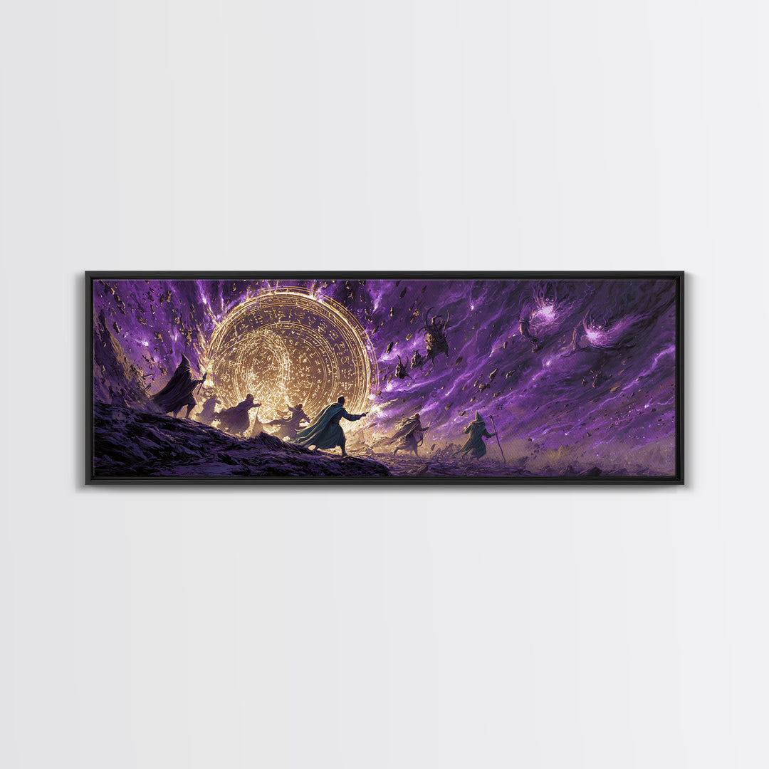 Epic Fantasy Battle Scene With Mages Creating Magical Barrier Against Creatures Wall Art Canvas Print