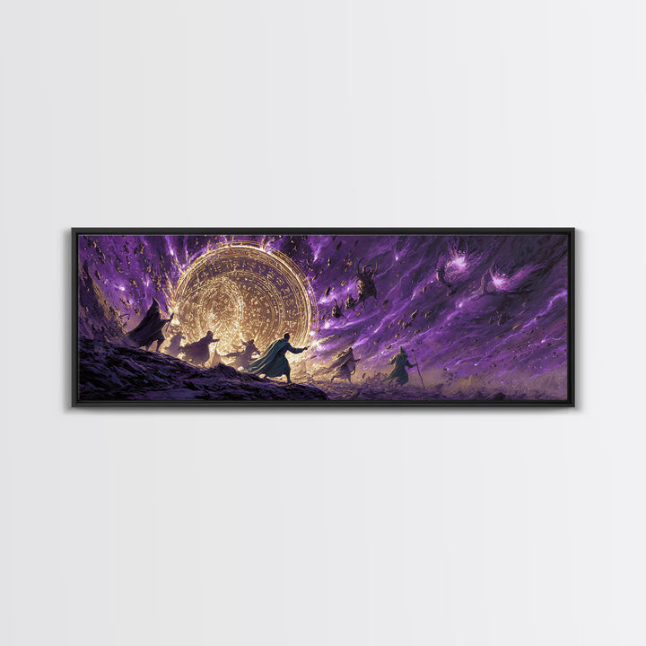 Epic Fantasy Battle Scene With Mages Creating Magical Barrier Against Creatures Wall Art Canvas Print