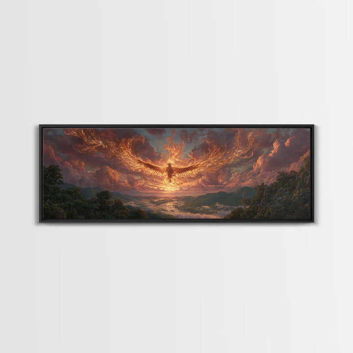 Majestic Phoenix Rising Over Scenic Valley Dramatic Sunset Landscape Canvas Print Modern Wall Art