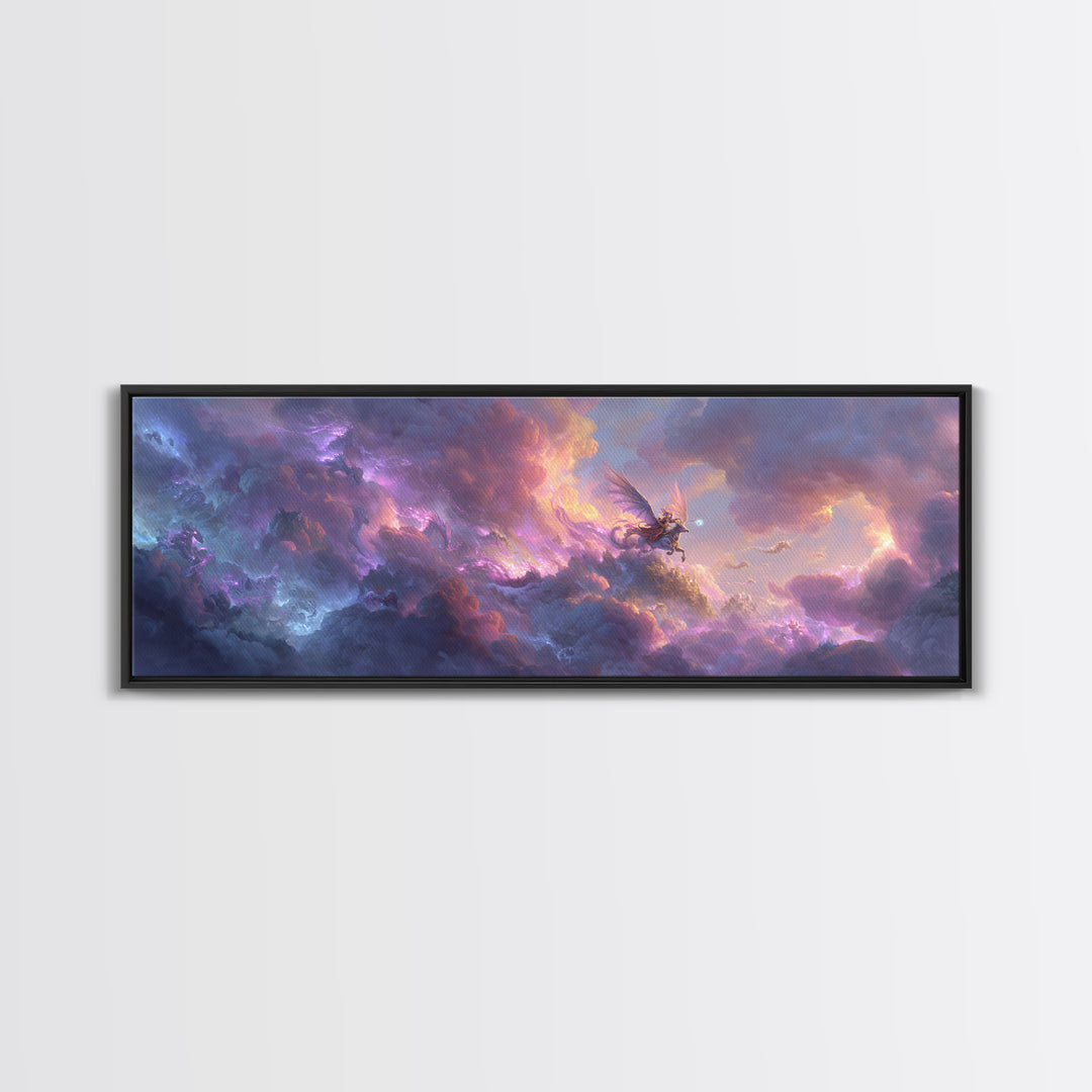 Epic Fantasy Sky Battle With Winged Warrior Dragons And Light Magic Canvas Print Large Wall Art For Fantasy Decor