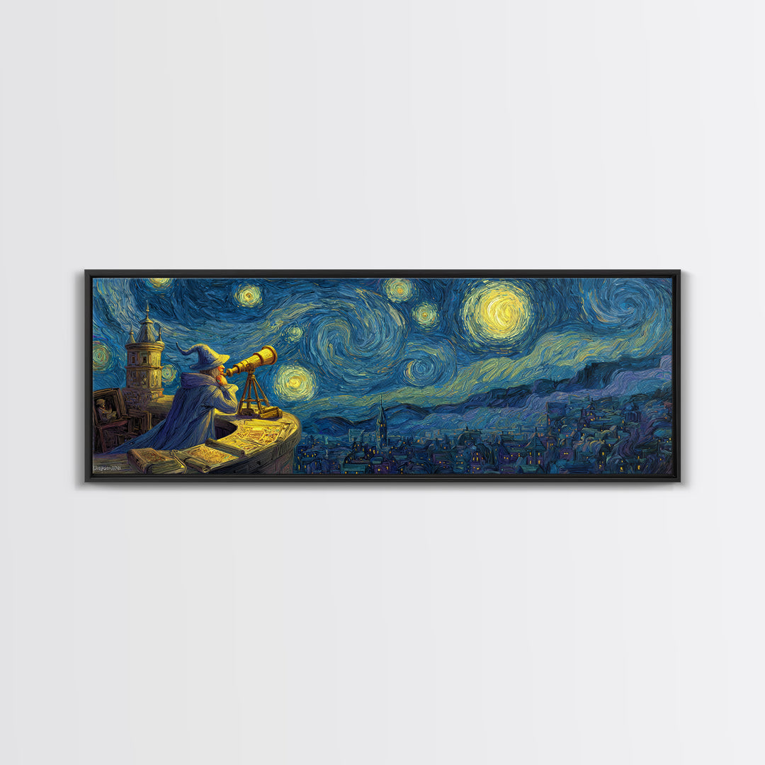 Starry Night Sky Over Town With Wizard And Telescope Classic Van Gogh Style Wall Art Framed Canvas Print