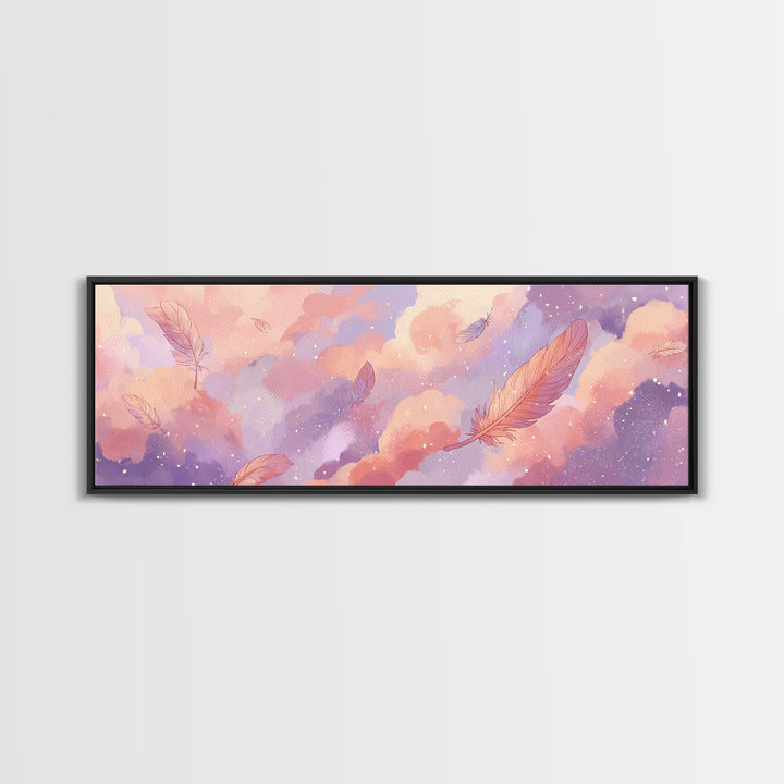Pastel Dream Clouds And Floating Feathers Canvas Print, Whimsical Wall Art, Celestial Nursery Decor, Soft Pink Bedroom Art