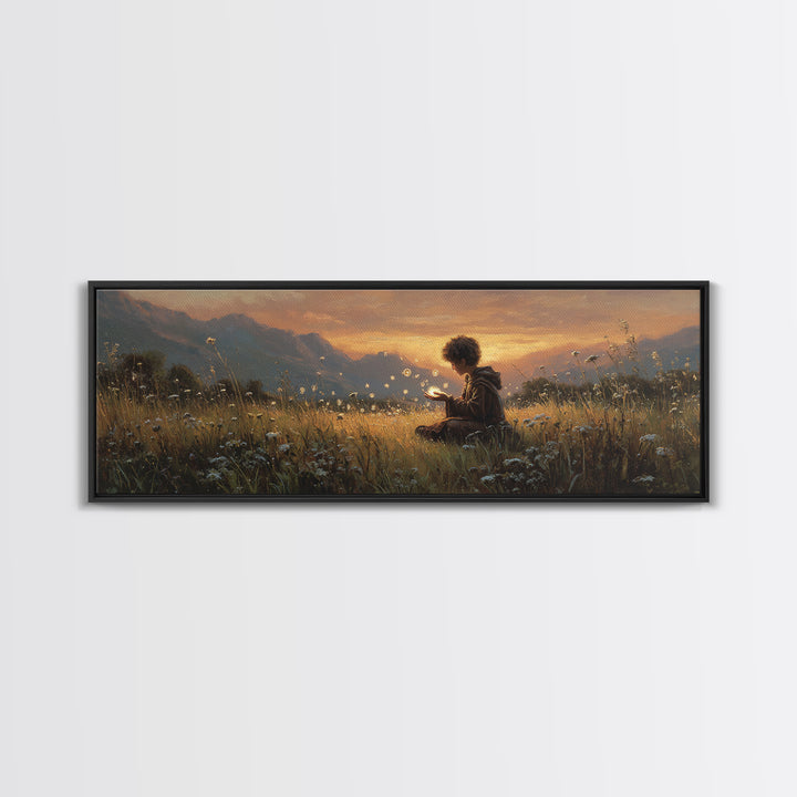 Young Boy In Field Holding Glowing Magical Lights Surrounded By Wildflowers Wall Art Canvas Print