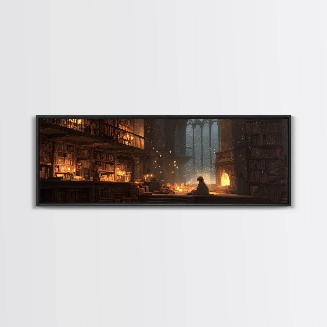 Warm Cozy Library Scene With Child Reading By Fireplace - Charming Home Decor Wall Art Framed Canvas Print For Study Rooms