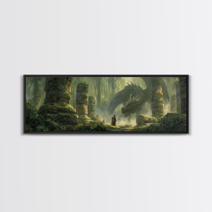 Ancient Forest With Massive Dragon Resting Amidst Ruins - Fantasy Wall Art Framed Canvas Print For Magical And Whimsical Decor