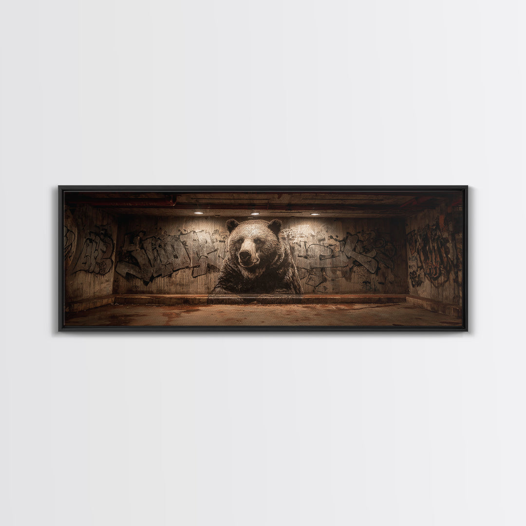 Large Bear Mural On Urban Graffiti Wall In Dimly Lit Space Framed Canvas Print For Statement Wall Art