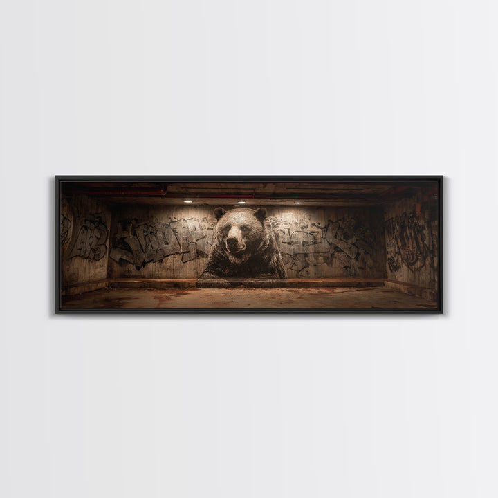 Large Bear Mural On Urban Graffiti Wall In Dimly Lit Space Framed Canvas Print For Statement Wall Art