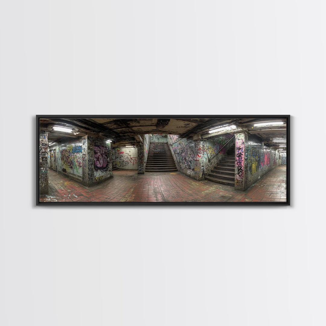 Grungy Spacious Subway Staircase Graffiti Urban Loft Wall Art - Framed Canvas Print, Modern Wall Art, Urban Decor, Trending Wall Art Gift