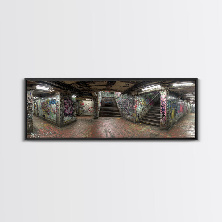 Grungy Spacious Subway Staircase Graffiti Urban Loft Wall Art - Framed Canvas Print, Modern Wall Art, Urban Decor, Trending Wall Art Gift