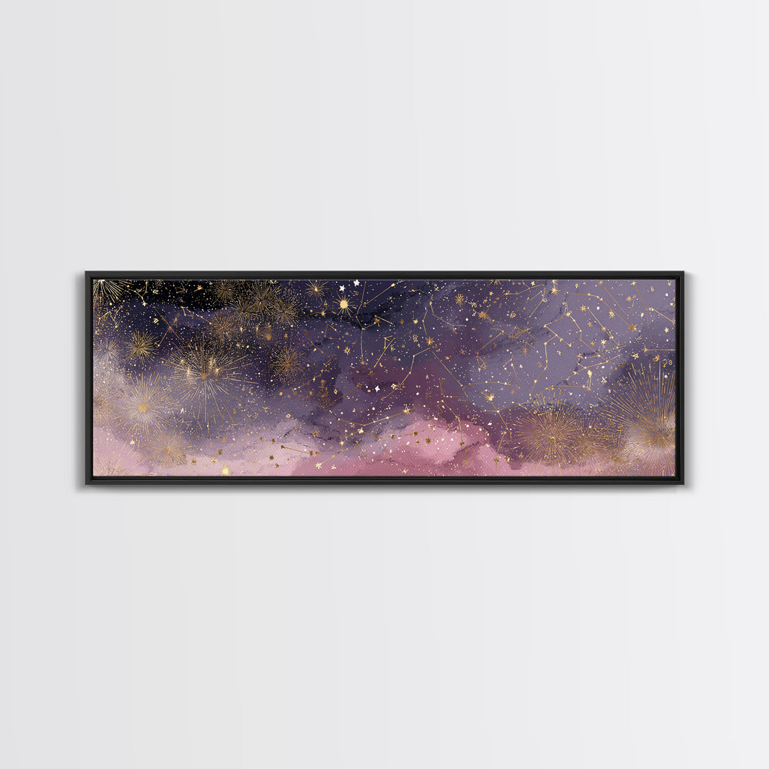 Golden Stars And Constellations In Moody Night Sky Wall Art, Celestial Canvas Print, Dark Academia Decor, Mystical Bedroom Art