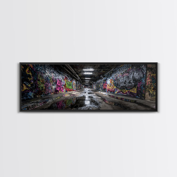 Graffiti Covered Underground Tunnel Wall Art, Urban Street Art Print, Modern Industrial Decor, Colorful Cityscape Canvas