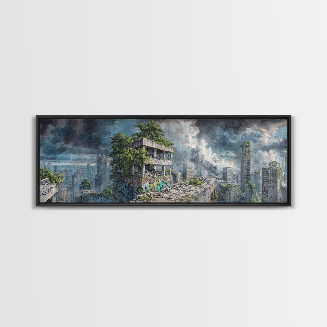 Overgrown Ruined City Under Storm Clouds Canvas Print, Post Apocalyptic Wall Art, Futuristic Urban Landscape, Sci Fi Decor