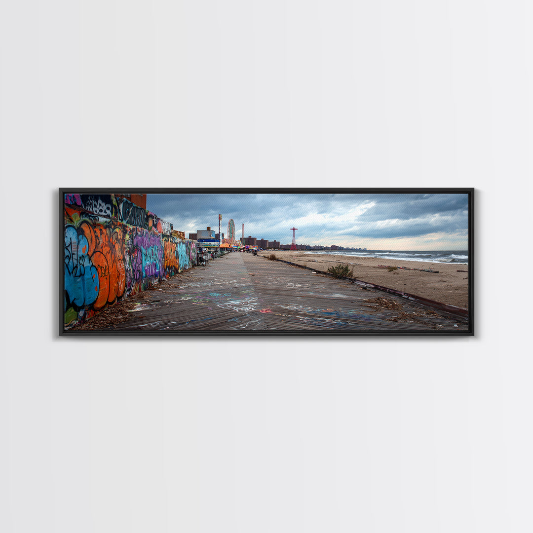 Urban Graffiti Beach Boardwalk Vibrant Street Art Wall Art Coastal Living Room Decor Ocean Scene Canvas Print