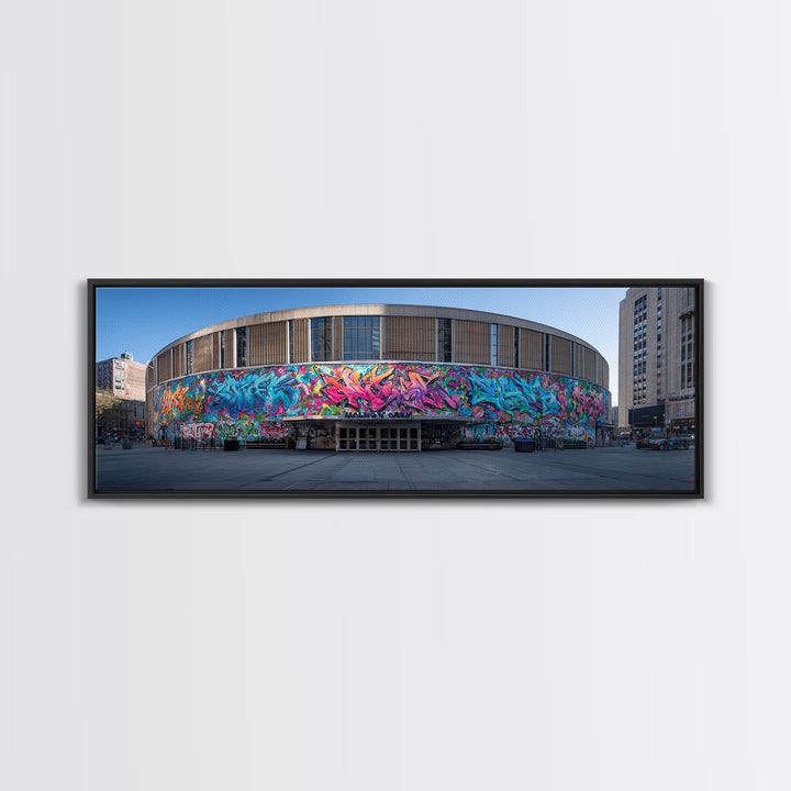 Vibrant Graffiti Wrapped Around Circular Building Urban Wall Art Modern Wall Decor Framed Canvas Print