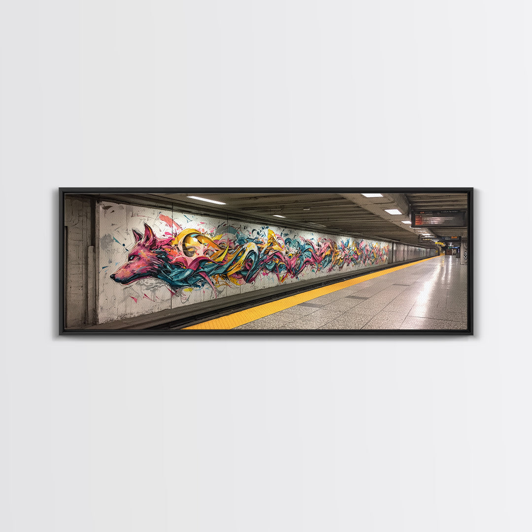Vibrant Graffiti Mural Of Stylized Fox In Subway Station Long Abstract Street Art Wall Art Canvas Print