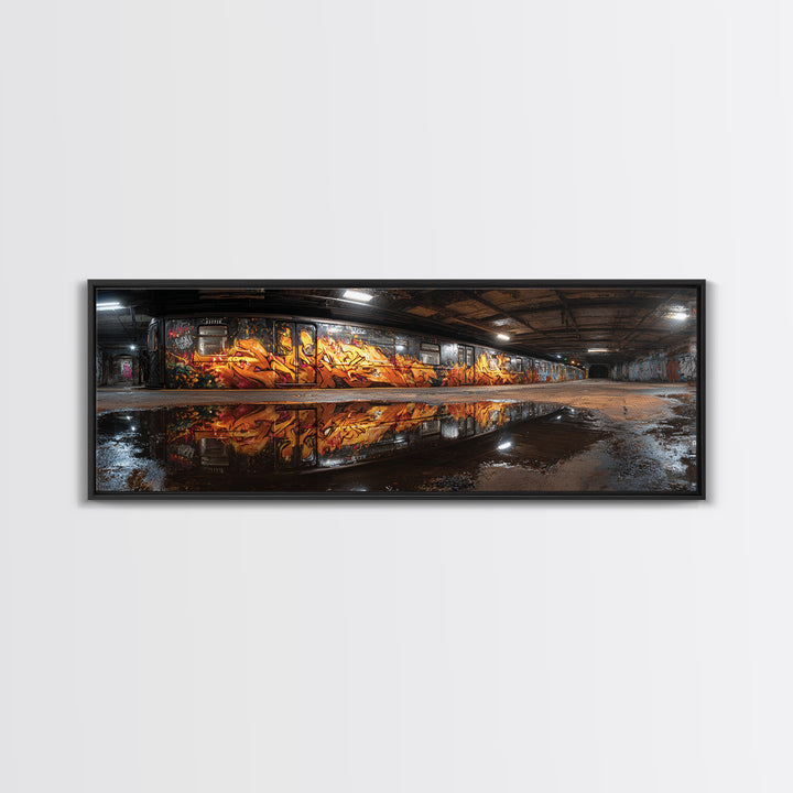 Mysterious Urban Graffiti Subway Station With Reflections Moody Street Art Large Canvas Print Framed Wall Art For Contemporary Decor