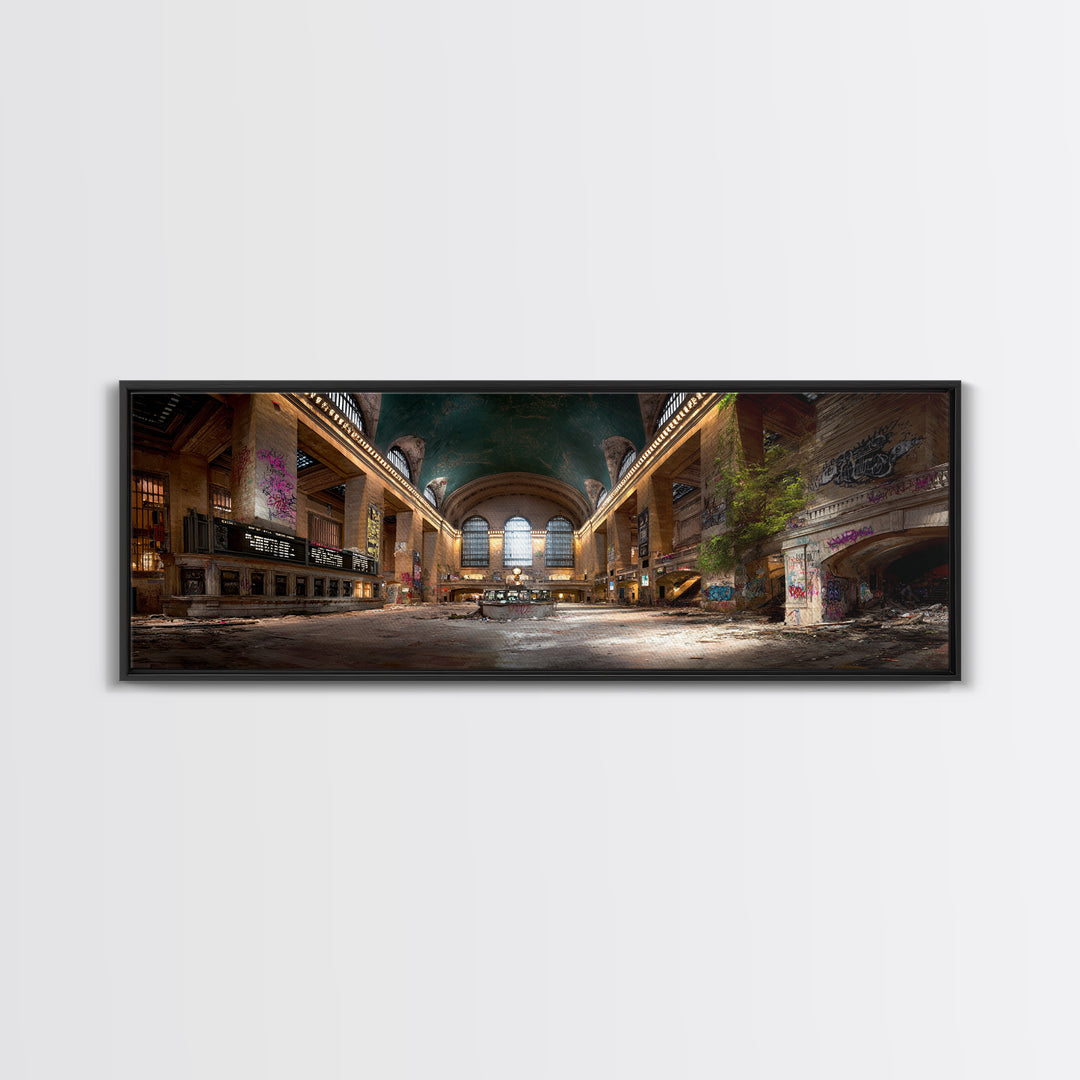 Abandoned Urban Train Station With Graffiti, Nature Reclaiming Space, Moody Decay Landscape Wall Art Canvas Print For Home Decor