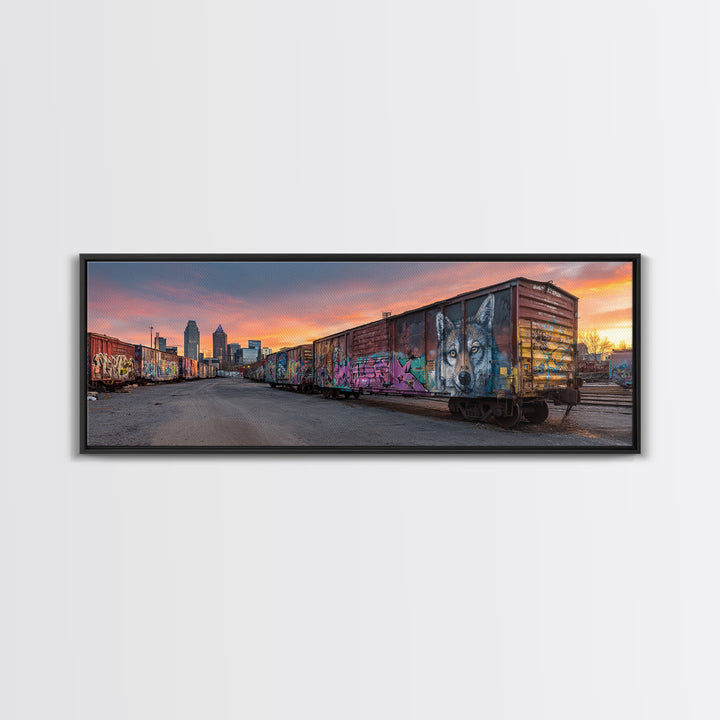 Sunset Skyline With City Train And Vibrant Graffiti Urban Wall Art Print For Modern Living Room Decor And Office Framed Canvas Print