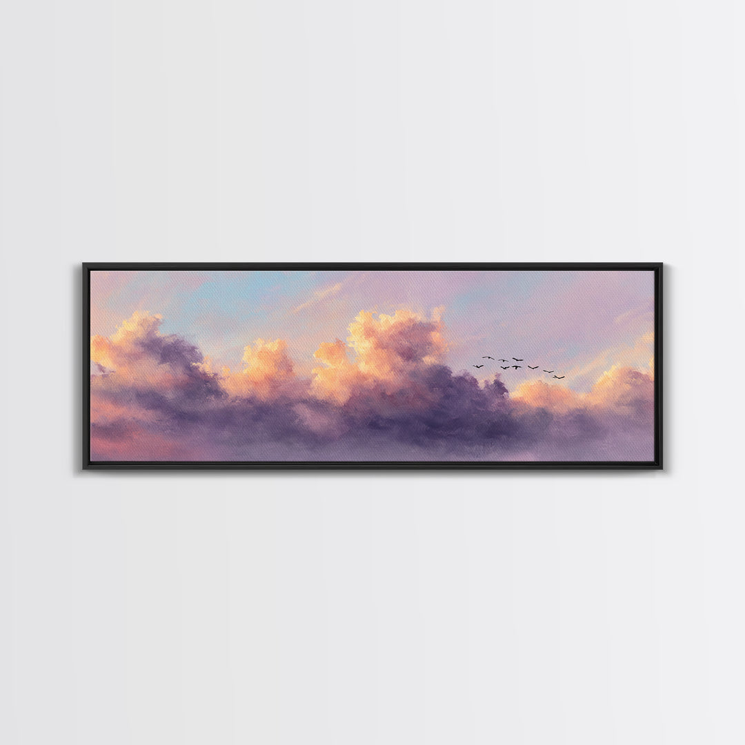 Lavender Sunset Clouds With Flying Birds Wall Art, Pastel Landscape Canvas Print, Calming Bedroom Decor, Living Room Art