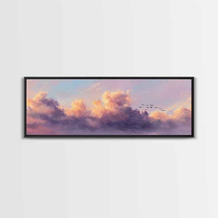 Lavender Sunset Clouds With Flying Birds Wall Art, Pastel Landscape Canvas Print, Calming Bedroom Decor, Living Room Art