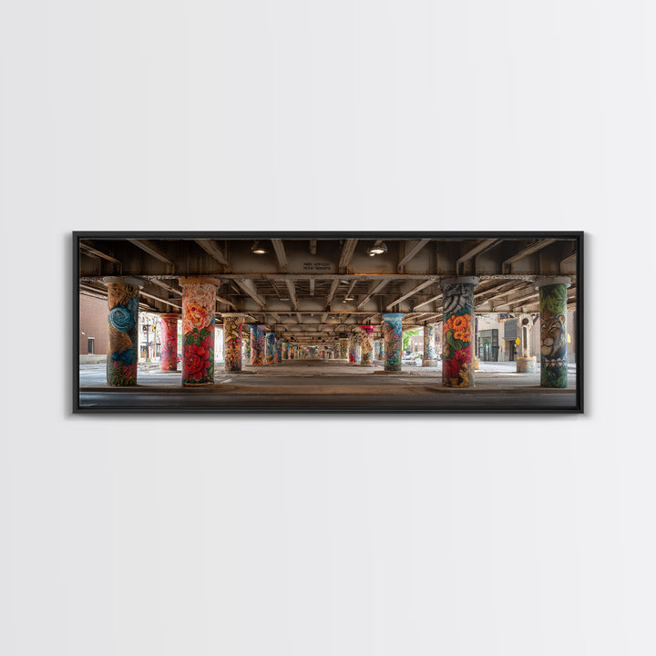 Colorful Graffiti Art On Urban Concrete Pillars Featuring Flowers And Animals Wall Art Vibrant Street Decor Framed Canvas Print