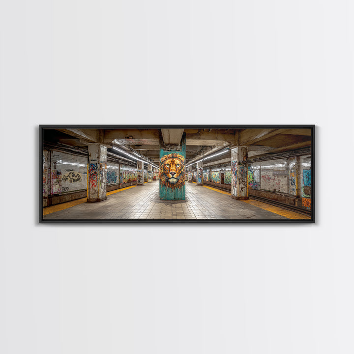 Urban Graffiti Style Subway Station With Bold Lion Mural Vibrant Wall Art Framed Canvas Print