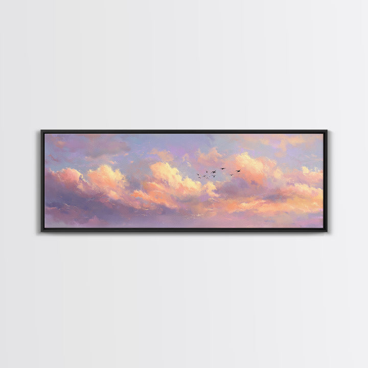 Peach Sunset Clouds With Distant Birds Canvas Print, Soft Pastel Wall Art, Dreamy Landscape Calming Decor, Living Room Wall Art