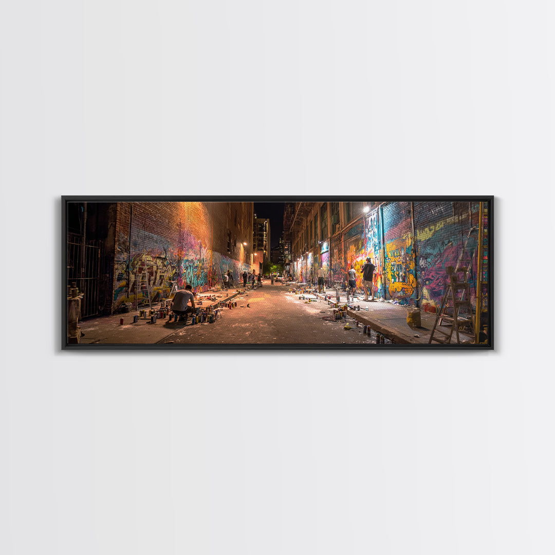 Nighttime Urban Graffiti Alleyway Street Art Scene Vibrant Spray Paint Murals Wall Art Framed Canvas Print