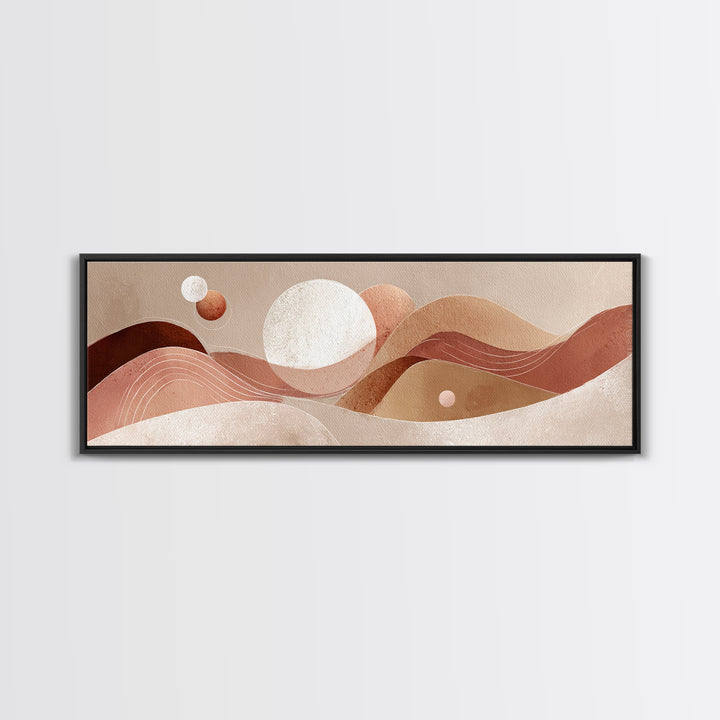 Abstract Terracotta Desert Dunes With Sun And Moons Wall Art, Mid Century Canvas Print, Earth Tone Decor, Modern Boho Art