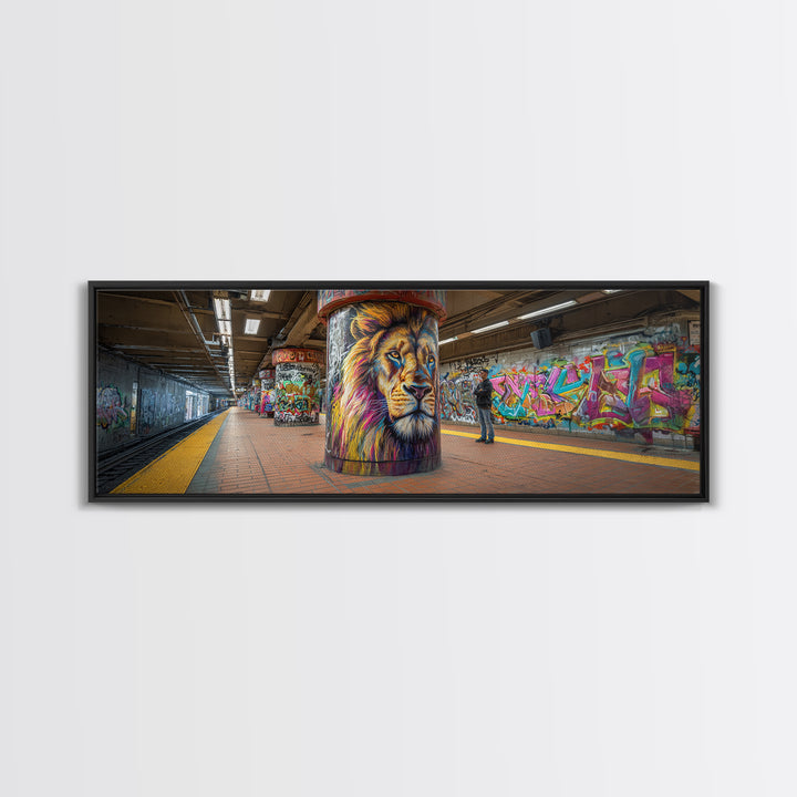 Urban Graffiti Lion Mural Subway Station Wall Art Canvas Print Vibrant Street Art Modern Wall Decor