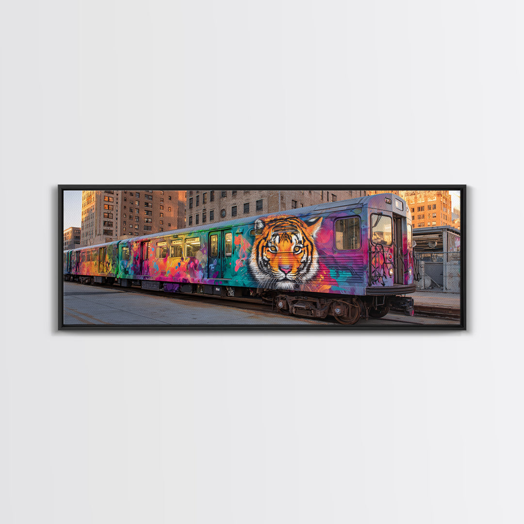 Graffiti Urban Art With Bright Tiger Mural On City Train Vibrant Street Culture Modern Wall Art Canvas Print