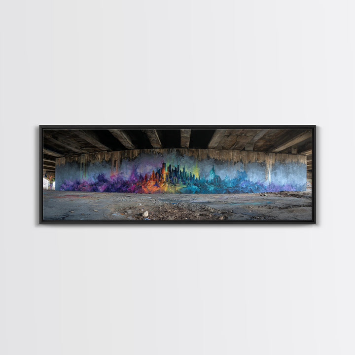 Vibrant Abstract Cityscape Street Art Featuring Colorful Skyline in Purple Blue and Orange Hues Wall Art