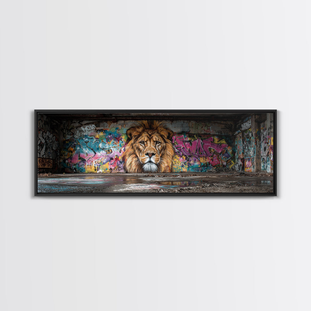 Vibrant Urban Graffiti Lion Mural Canvas Print Capturing Street Art Vibes With Striking Realism And Colorful Background Perfect Large Wall Art Decor