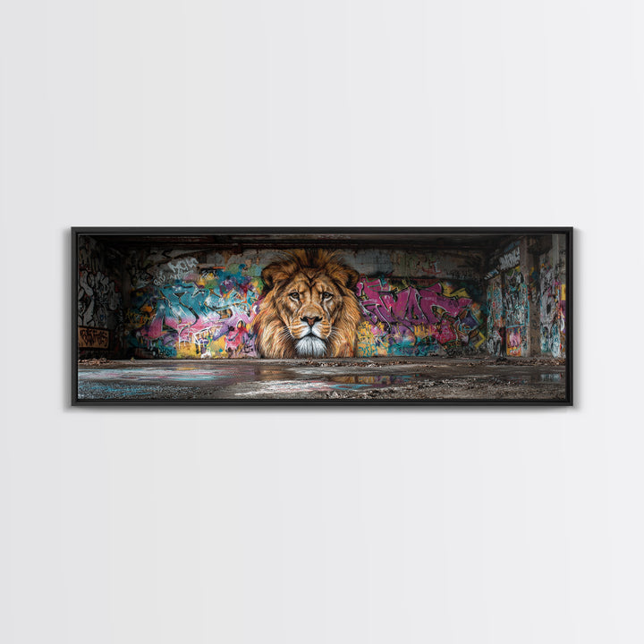 Vibrant Urban Graffiti Lion Mural Canvas Print Capturing Street Art Vibes With Striking Realism And Colorful Background Perfect Large Wall Art Decor