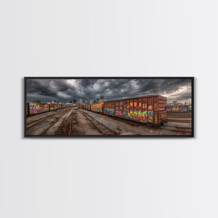 Urban Graffiti Covered Train Yard Under Moody Sky Wall Art Canvas Print For Contemporary Industrial Decor And Street Art
