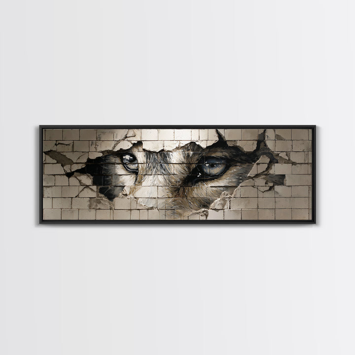 Intriguing Street Art Of Wolf Eyes Peering Through Broken Wall Painted On White Tiles Urban Wall Art Print