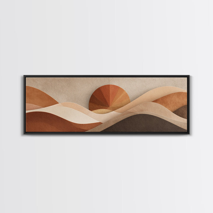 Abstract Desert Dunes And Sun Wall Art, Earth Tone Neutral Landscape, Mid Century Modern Decor, Large Horizontal Canvas Print